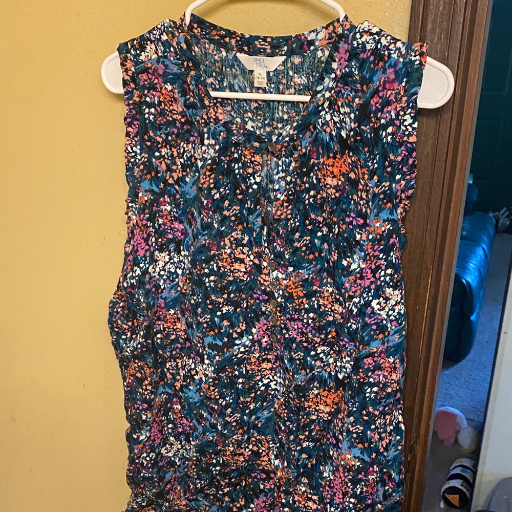 Time and Tru Floral Sleeveless Blouse - Blue and Pink